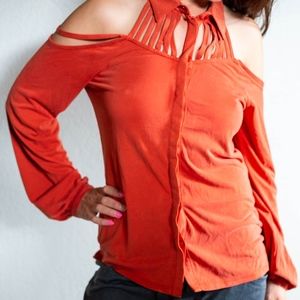 Orange Long-Sleeve Button-Up Shirt Open Shoulders